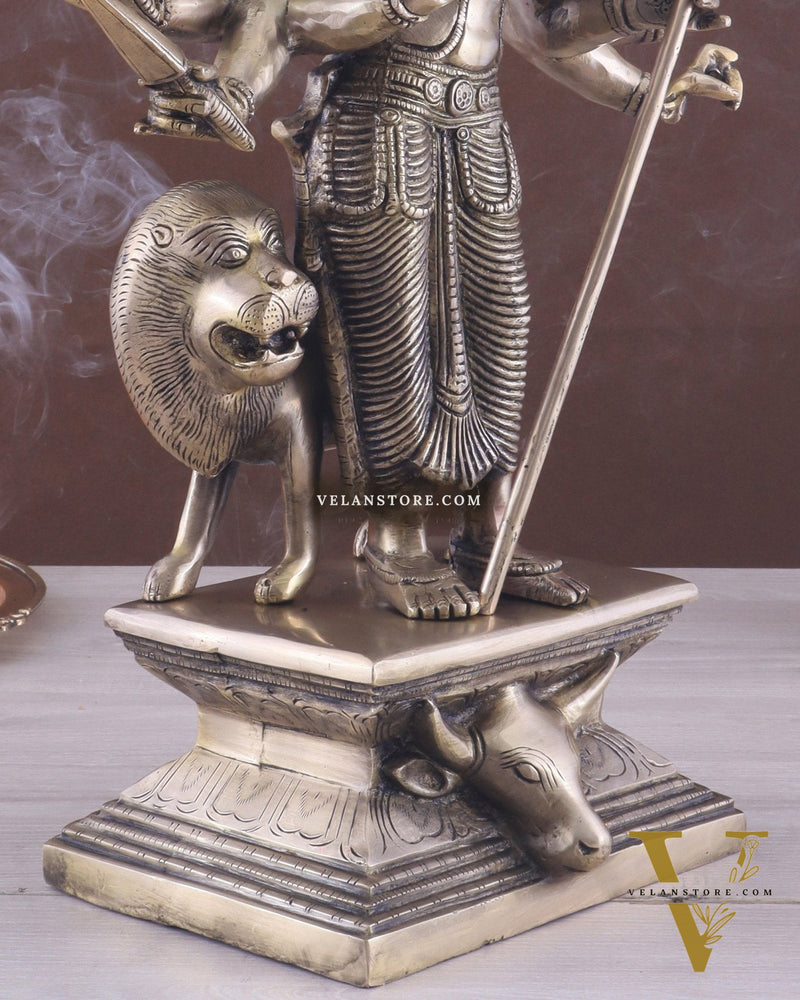 Standing Durga Brass idol with 8 arms and lion 18 inch