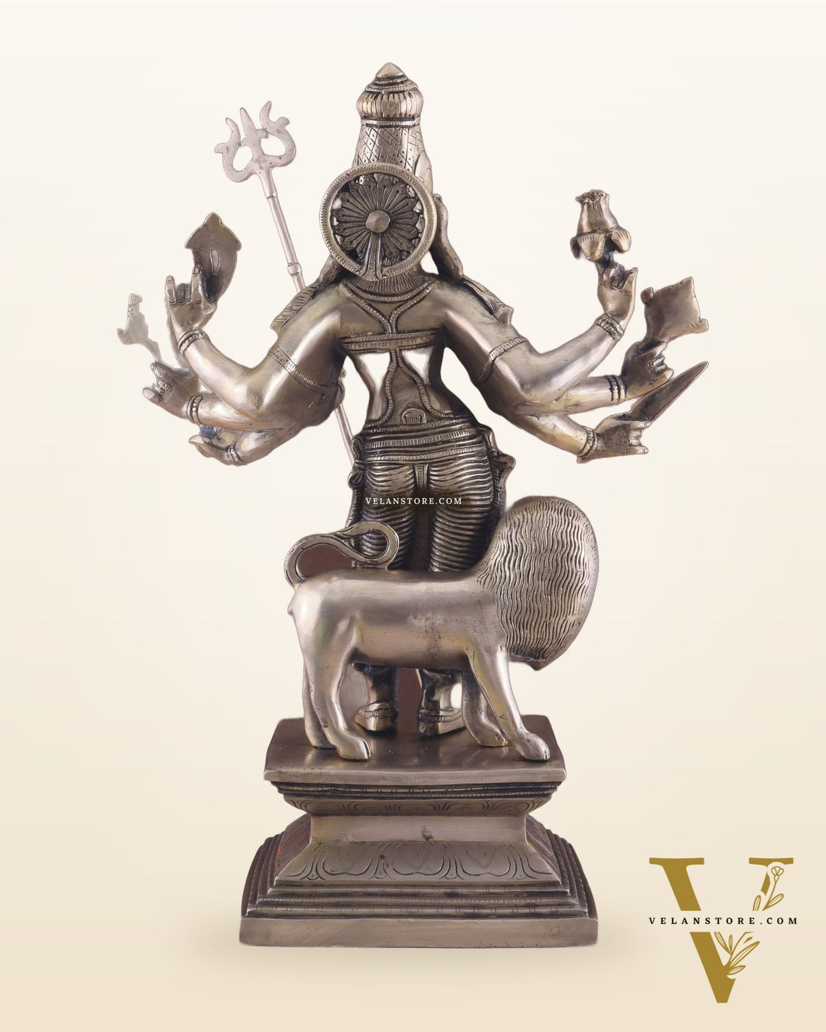 Standing Durga Brass idol with 8 arms and lion 18 inch
