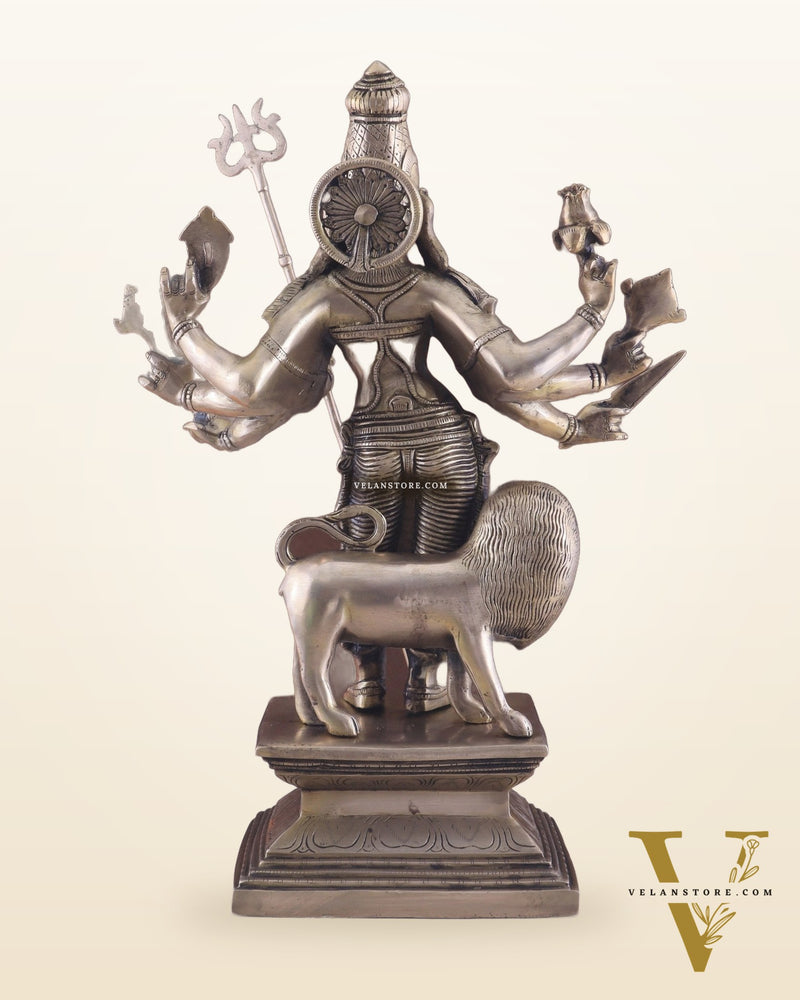Standing Durga Brass idol with 8 arms and lion 18 inch