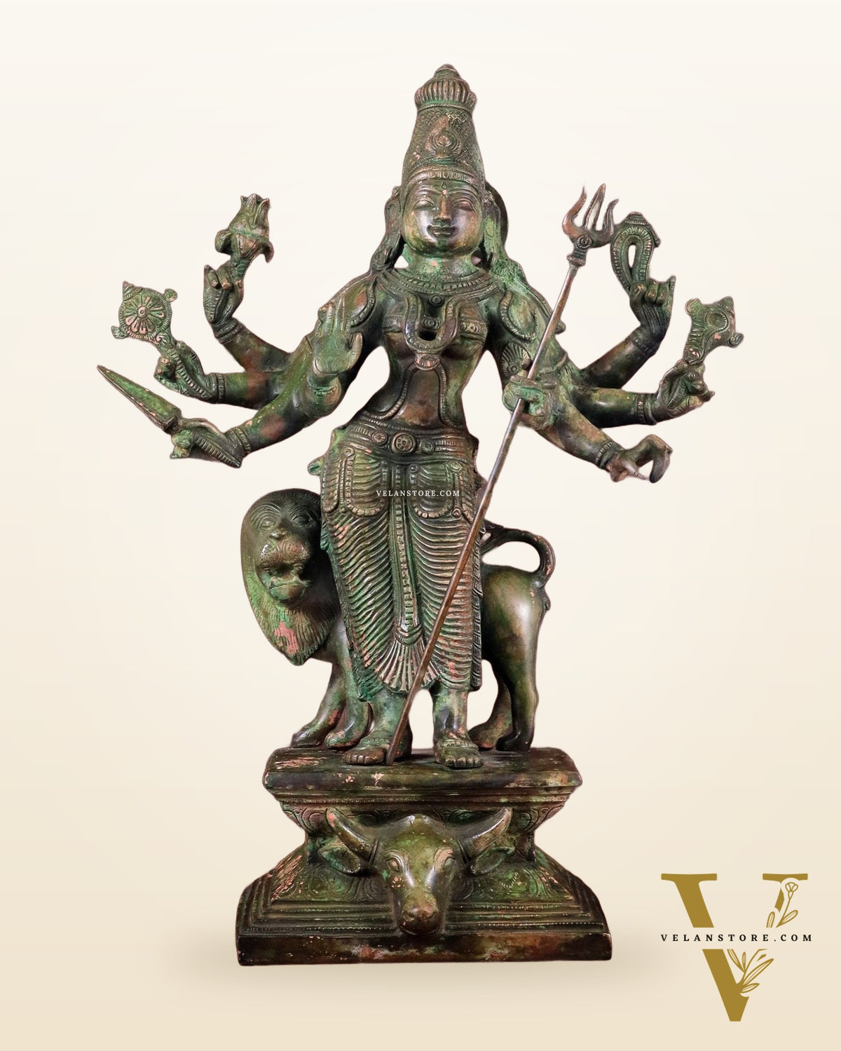 Standing Durga Brass idol with lion 18 inch green