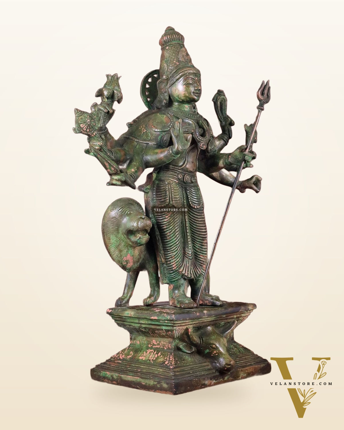 Standing Durga Brass idol with lion 18 inch green