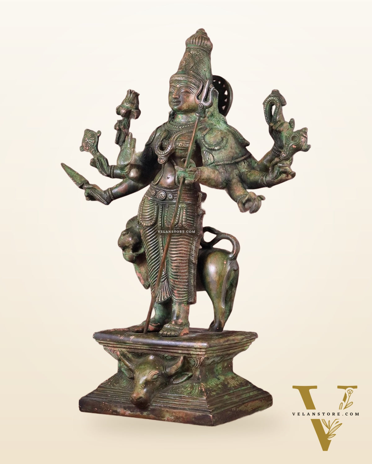 Standing Durga Brass idol with lion 18 inch green
