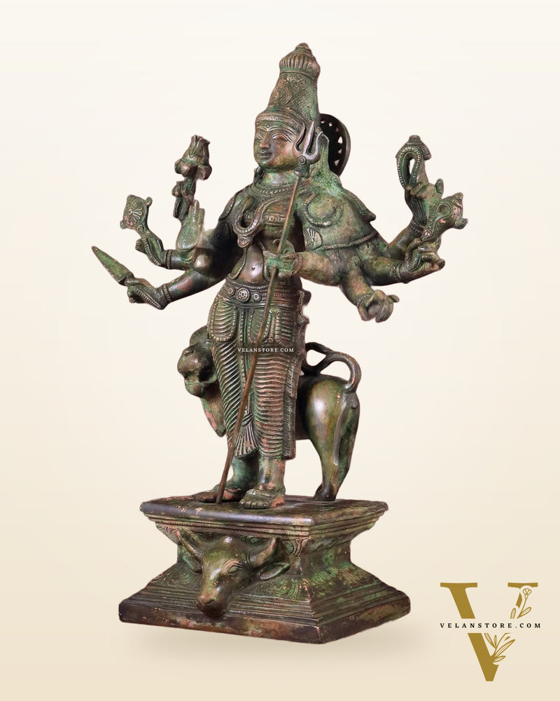 Standing Durga Brass idol with lion 18 inch green