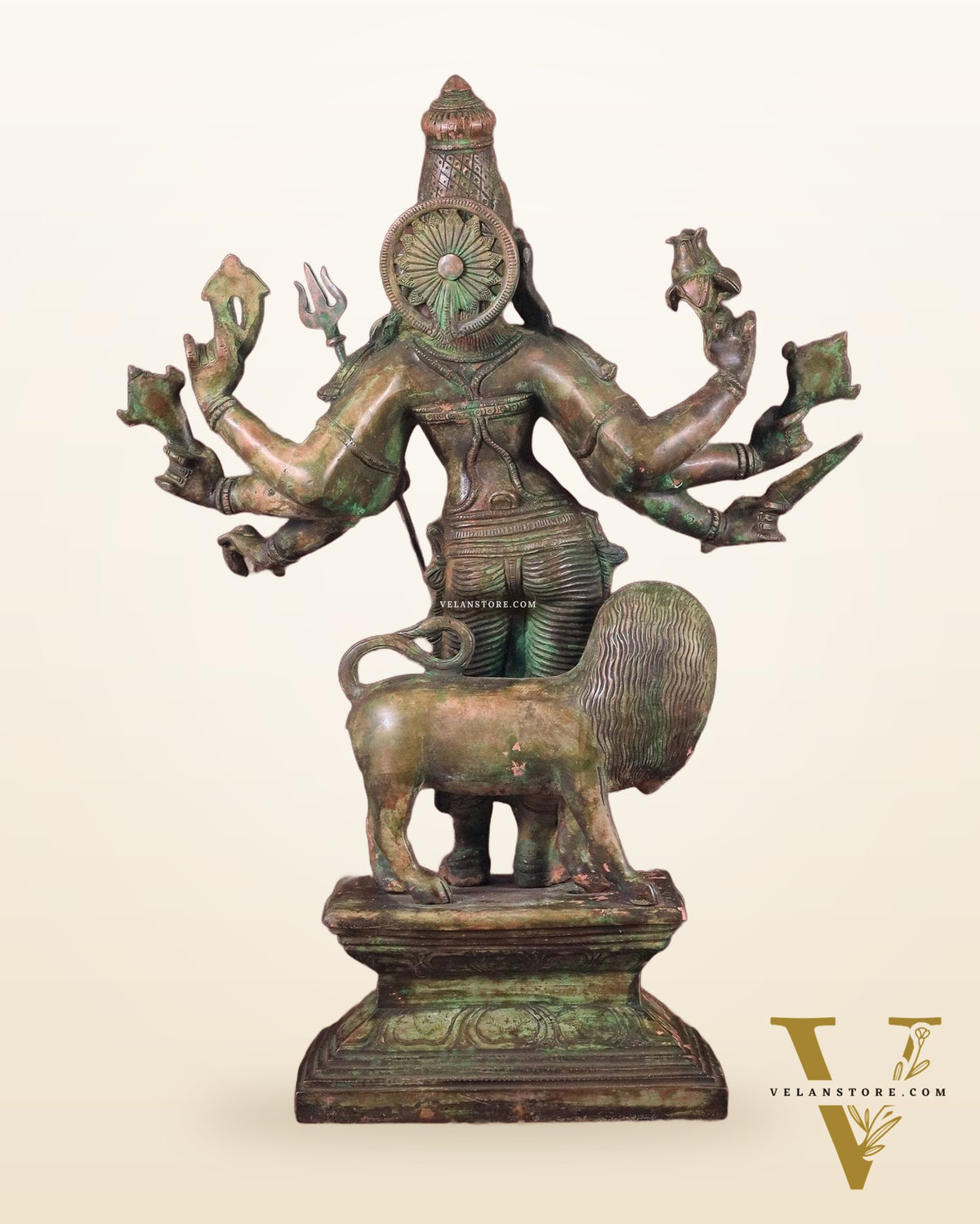 Standing Durga Brass idol with lion 18 inch green