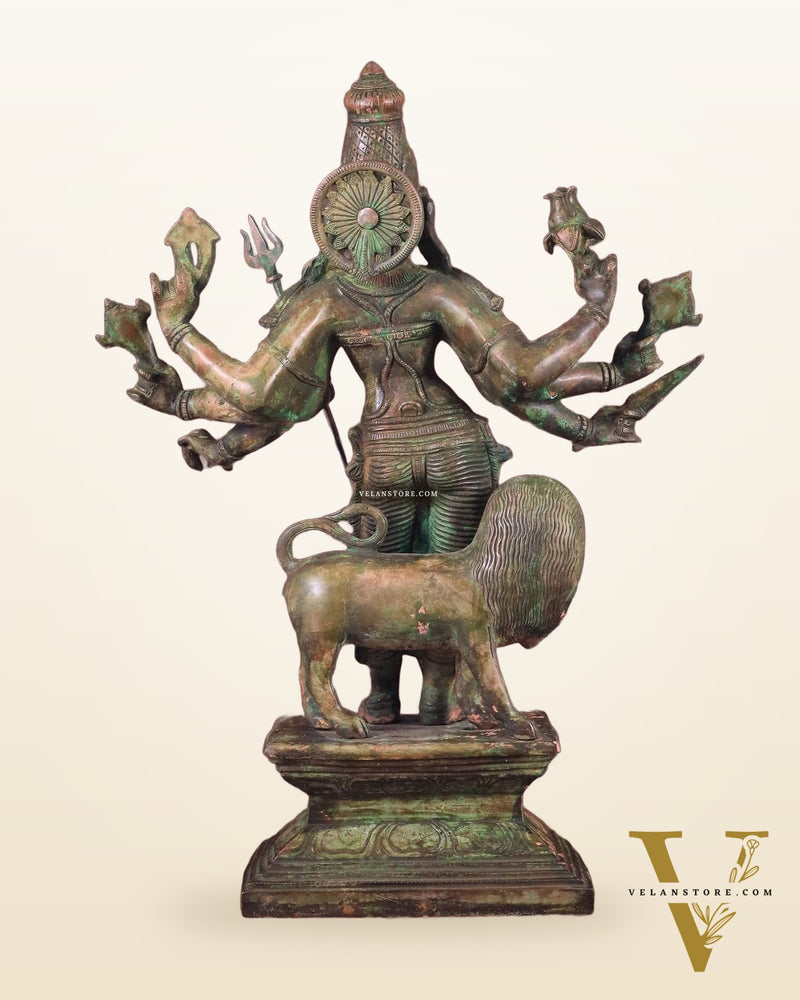 Standing Durga Brass idol with lion 18 inch green