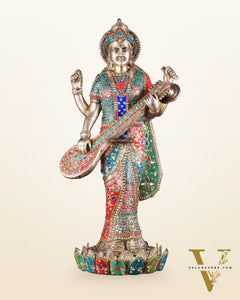 Standing Saraswati Brass Murti meenakari - 25 inch