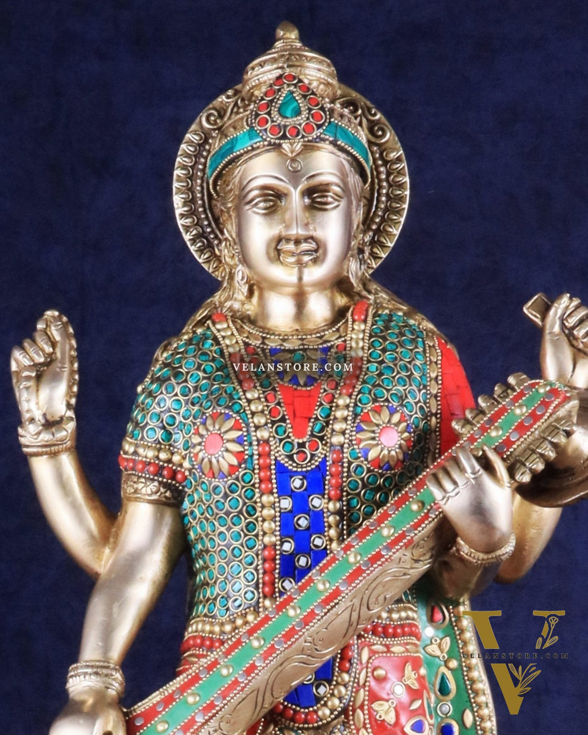 Standing Saraswati Brass Murti meenakari - 25 inch