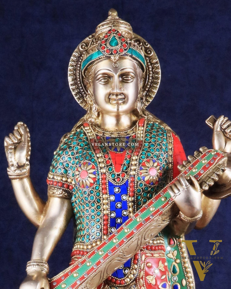 Standing Saraswati Brass Murti meenakari - 25 inch