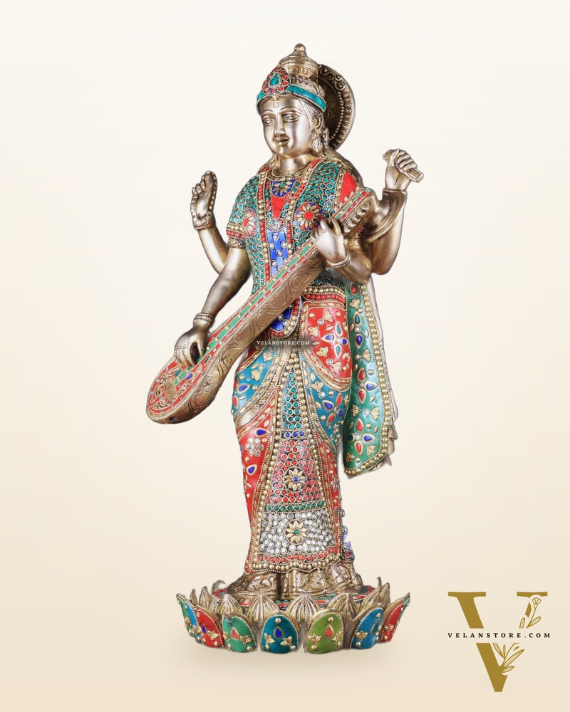 Standing Saraswati Brass Murti meenakari - 25 inch