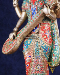 Standing Saraswati Brass Murti meenakari - 25 inch