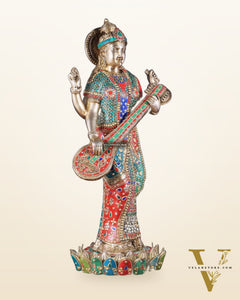 Standing Saraswati Brass Murti meenakari - 25 inch