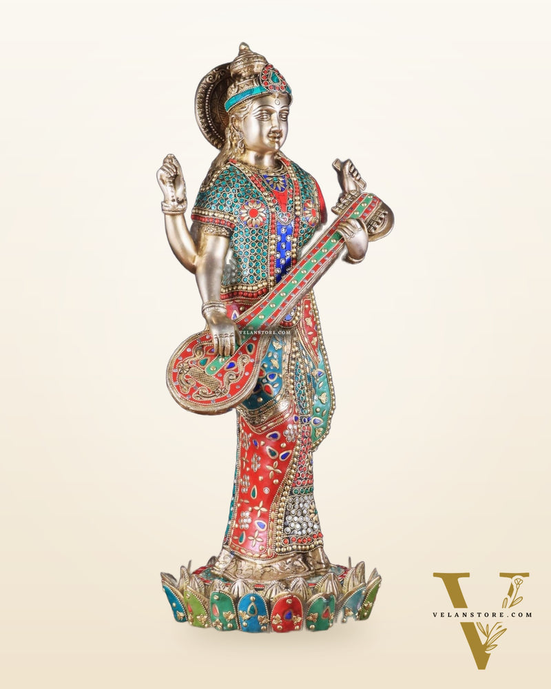 Standing Saraswati Brass Murti meenakari - 25 inch