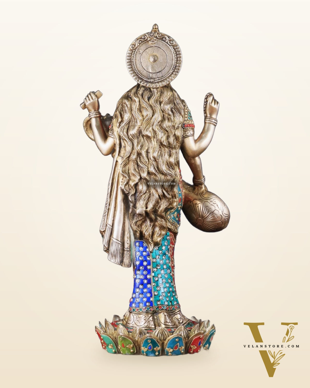 Standing Saraswati Brass Murti meenakari - 25 inch
