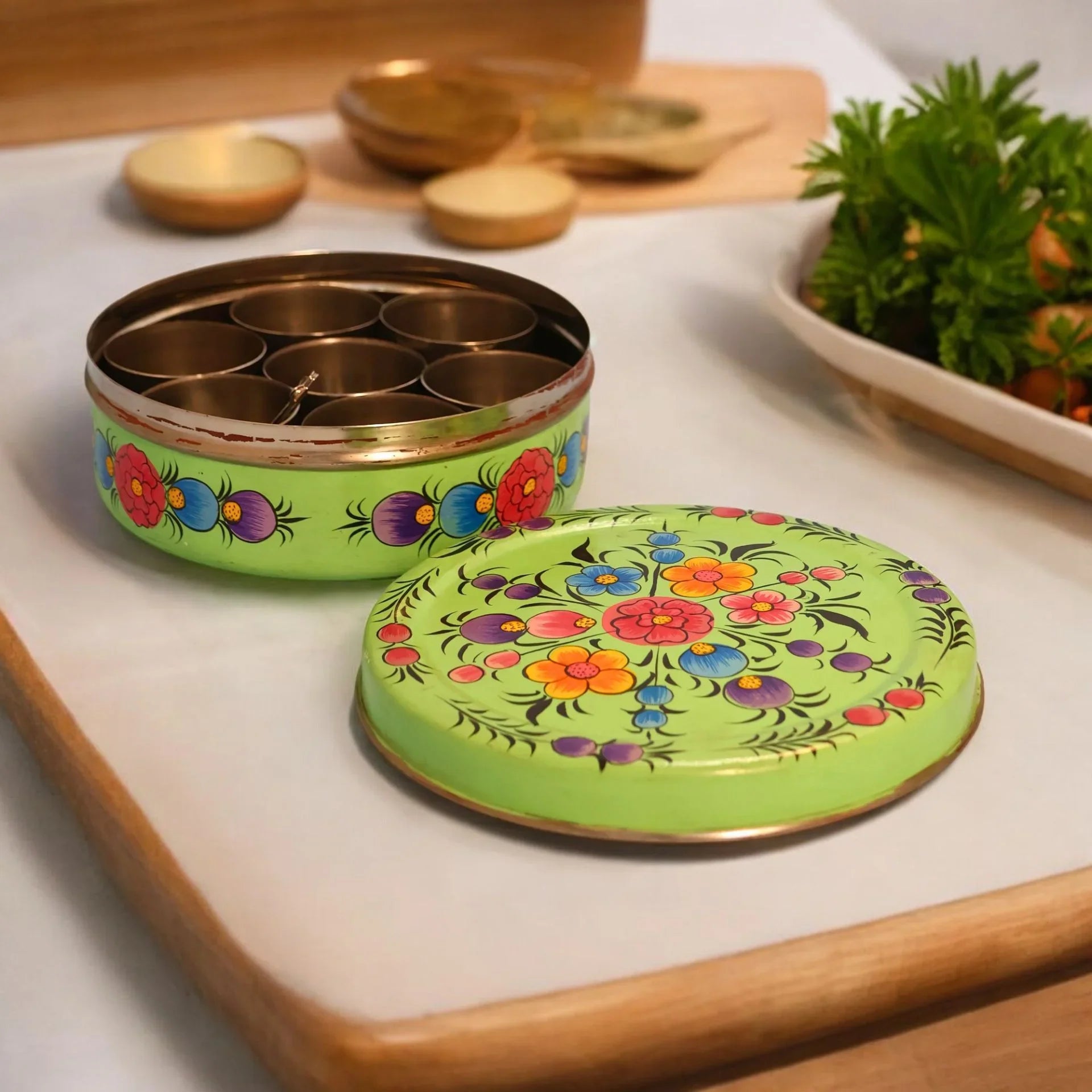 Hand Painted Spice Box With 7 Compartments- Beautiful Flower Design