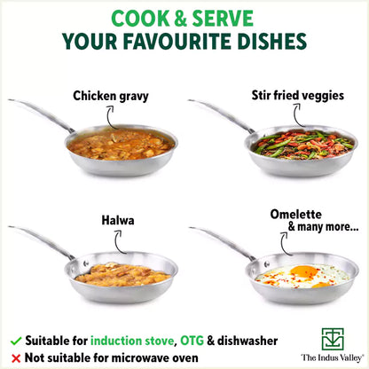 TurboCuk Tri-ply Stainless Steel Fry Pan+ Glass Lid, Premium Quality, 3 Layer Thick Body, 100% Toxin-free, Non-stick, Induction & Gas, 1.5/1.7/1.9L