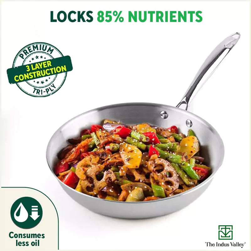 TurboCuk Tri-ply Stainless Steel Fry Pan, Premium Quality, 3 Layer Thick Body, 100% Toxin-free, Non-stick, Induction & Gas, Free ₹110 Spatula, 22/24/26 cm, 1.5/1.7/1.9L