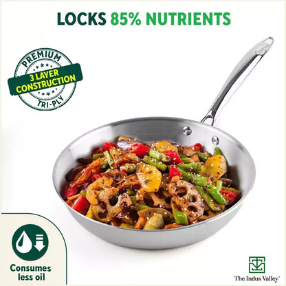 TurboCuk Tri-ply Stainless Steel Fry Pan+ Glass Lid, Premium Quality, 3 Layer Thick Body, 100% Toxin-free, Non-stick, Induction & Gas, 1.5/1.7/1.9L
