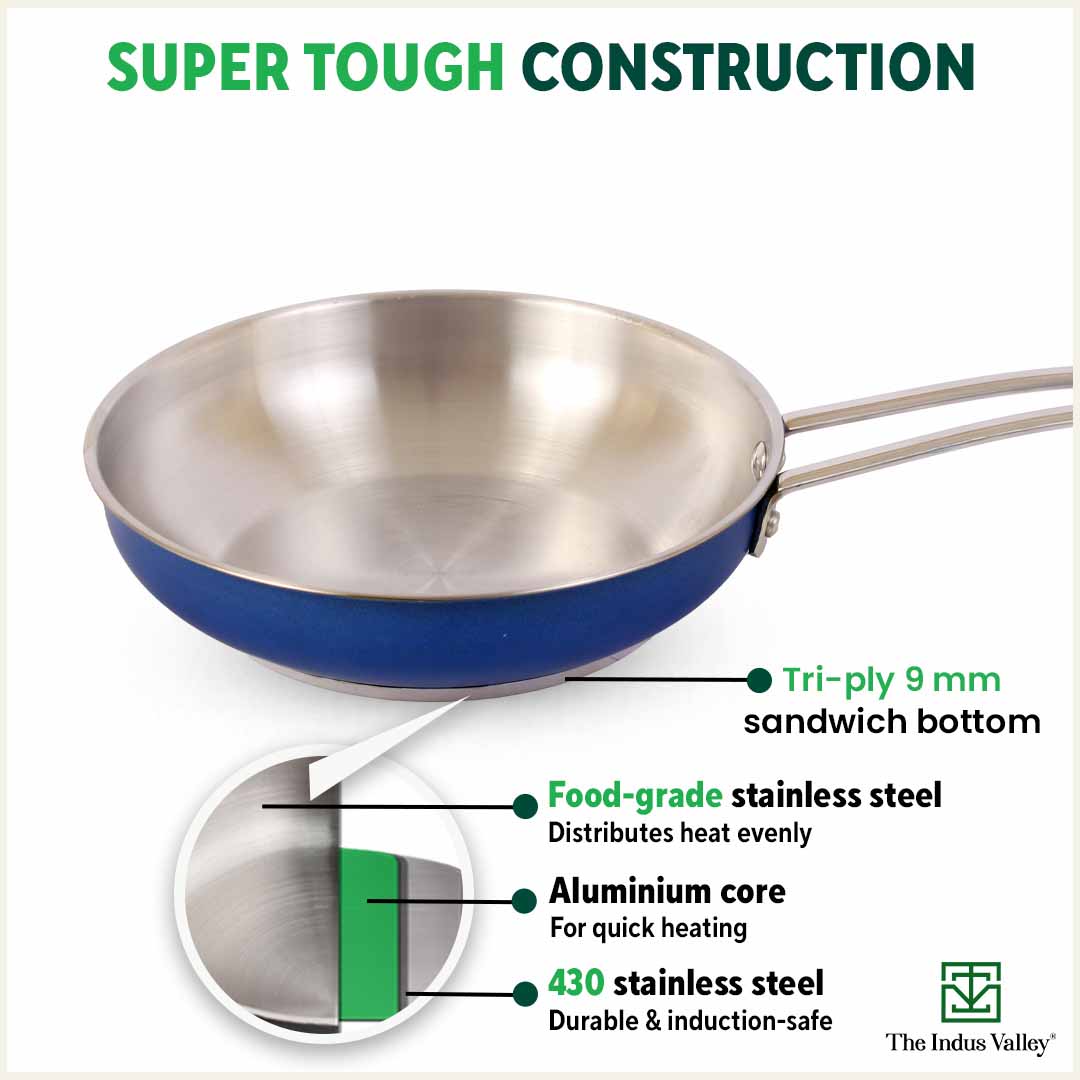 Tri-Steel Premium Stainless Steel Fry Pan, Tri-ply (3 Layer) Induction Bottom, 1.5L, Blue