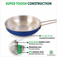 Tri-Steel Premium Stainless Steel Fry Pan, Tri-ply (3 Layer) Induction Bottom, 1.5L, Blue
