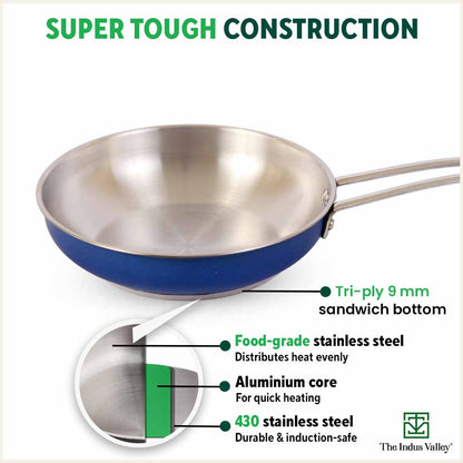 Tri-Steel Premium Stainless Steel Fry Pan, Tri-ply (3 Layer) Induction Bottom, 1.5L, Blue