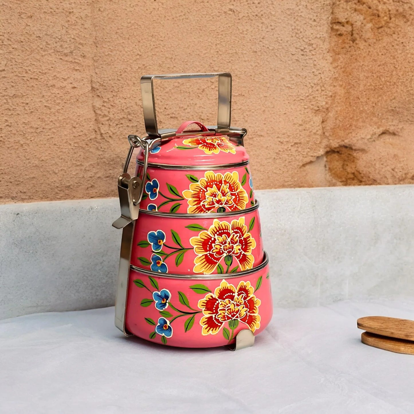 Shri-badri Hand Painted 3 Tier Steel Lunch Box - pink