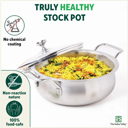 TurboCuk Tri-ply Biryani Cooking Pot/Casserole+ Glass Lid, Wide Handi Shape, Premium Quality, 3 Layer Thick Body, 100% Toxin-free, Non-stick, Induction & Gas, 2L