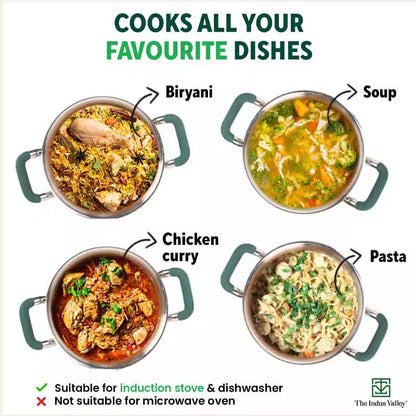 TurboCuk Tri-ply Stainless Steel Casserole/Biryani Cooking Pot+ Steel Lid, Premium 3 Layer Body, Cool Silicone Handles, Induction, Non-stick, 2.9L