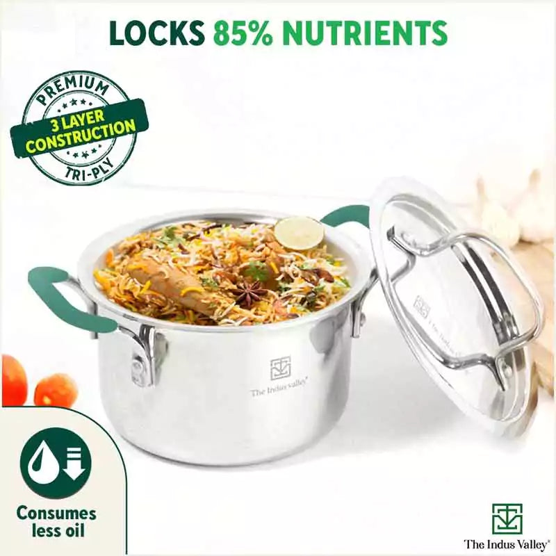 TurboCuk Tri-ply Stainless Steel Biryani Cooking Pot/Casserole, Premium Quality, 3 Layer Thick Body, Cool Silicone Handles, 100% Toxin-free, Non-stick, Induction & Gas, Free ₹110 Spatula, 2.9L