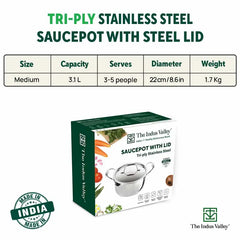 TurboCuk Tri-ply Stainless Steel Casserole/ Biryani Cooking Pot+ Steel Lid, Premium Quality, 3 Layer Thick Body, 100% Toxin-free, Non-stick, Induction & Gas, 3.1L