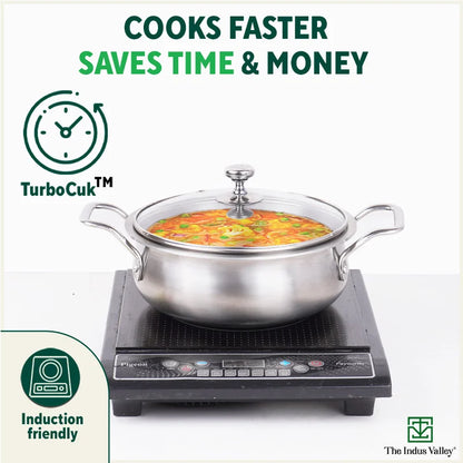 TurboCuk Tri-ply Biryani Cooking Pot/Casserole+ Glass Lid, Wide Handi Shape, Premium Quality, 3 Layer Thick Body, 100% Toxin-free, Non-stick, Induction & Gas, 2L