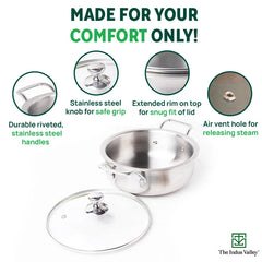 TurboCuk Tri-ply Biryani Cooking Pot/Casserole+ Glass Lid, Wide Handi Shape, Premium Quality, 3 Layer Thick Body, 100% Toxin-free, Non-stick, Induction & Gas, 2L