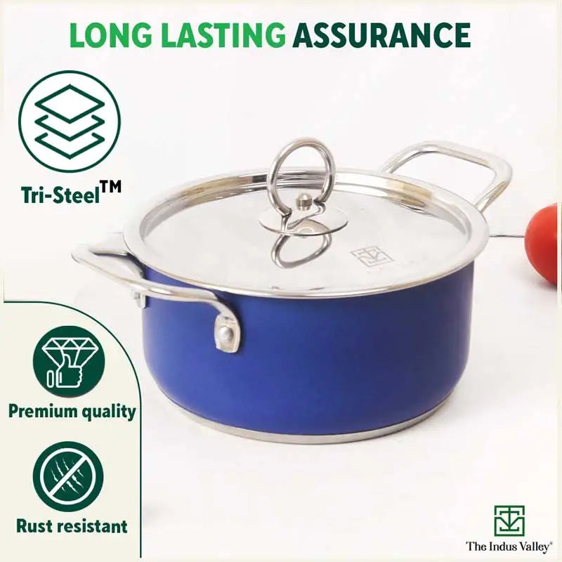 Tri-Steel Premium Stainless Steel Casserole/ Saucepot with Steel Lid, Tri-ply (3 Layer) Induction Bottom, 1.9L, Blue