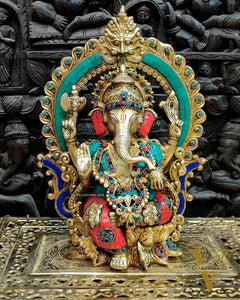 Stunning Brass Ganapati Statue on Lotus Throne with Prabhavali Arch - 15.5