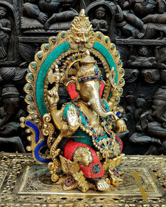 Stunning Brass Ganapati Statue on Lotus Throne with Prabhavali Arch - 15.5