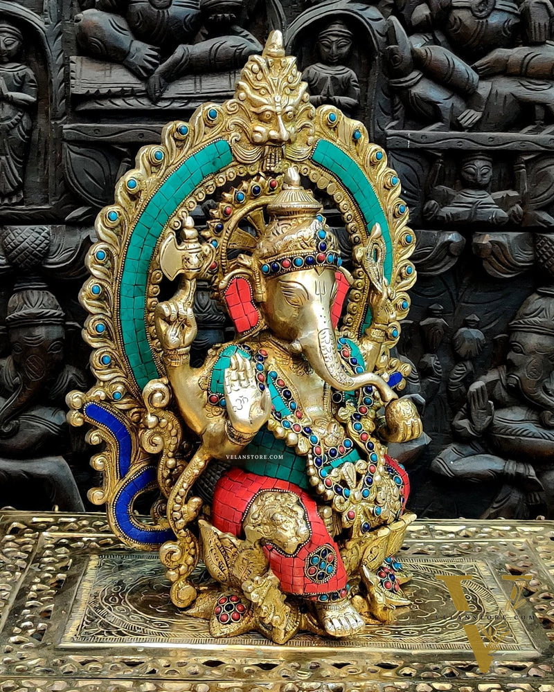 Stunning Brass Ganapati Statue on Lotus Throne with Prabhavali Arch - 15.5