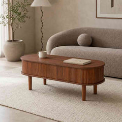 Space-Saving Oval Lift-Top Coffee Table with 3 Hidden Compartments – Acacia Wood