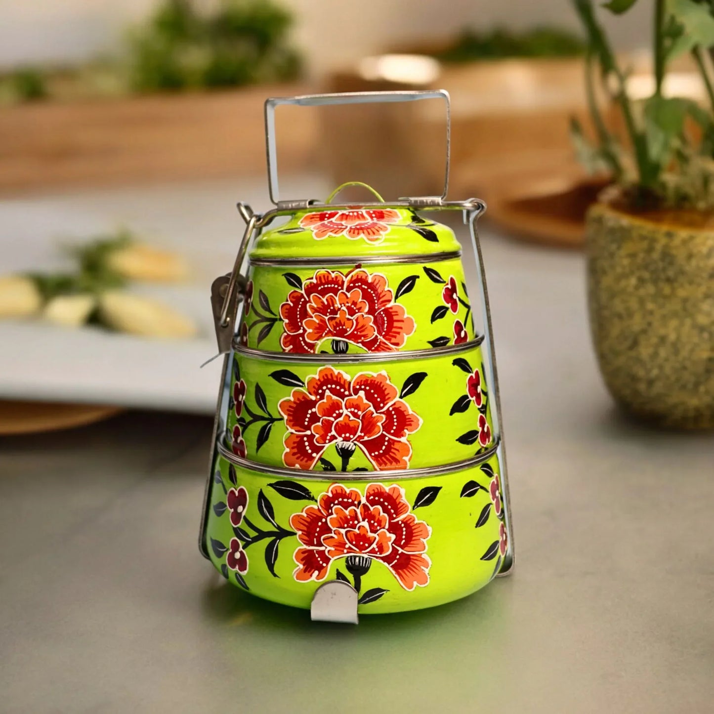 Shri-badri Hand Painted 3 Tier Steel Lunch Box - Green