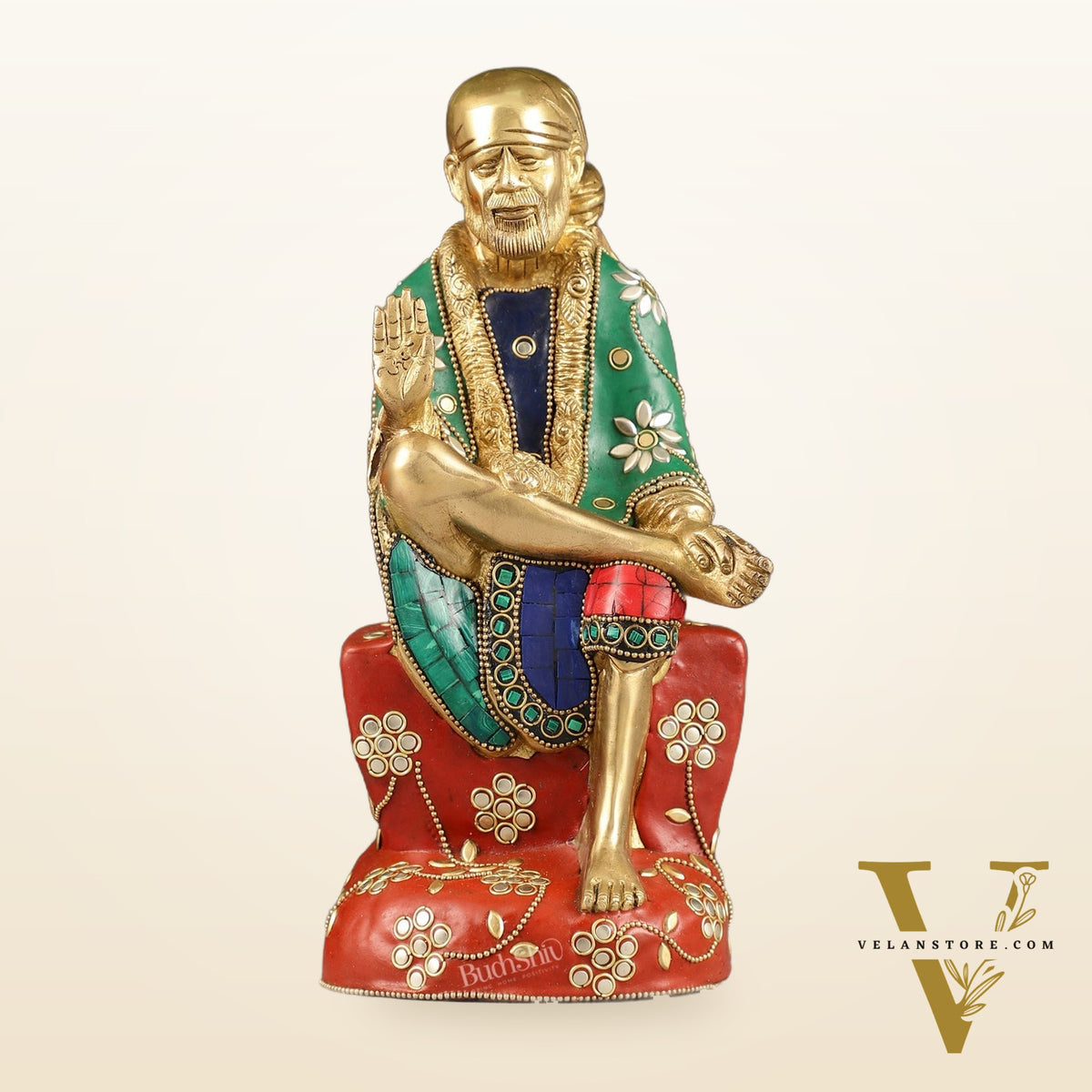 Superfine 10.5-Inch Brass Shirdi Sai Baba Idol with Stonework