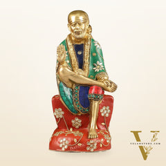 Superfine 10.5-Inch Brass Shirdi Sai Baba Idol with Stonework