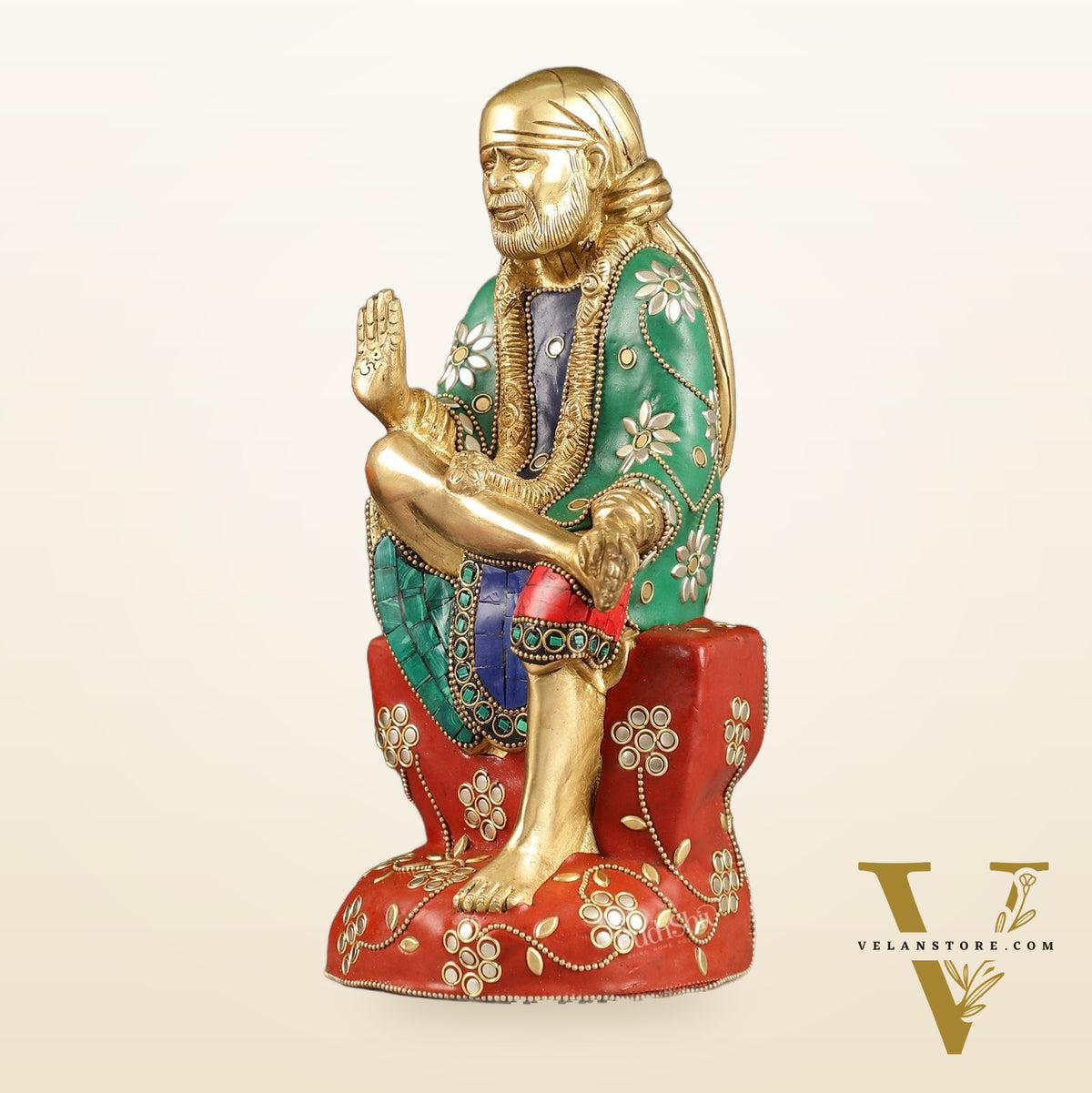 Superfine 10.5-Inch Brass Shirdi Sai Baba Idol with Stonework
