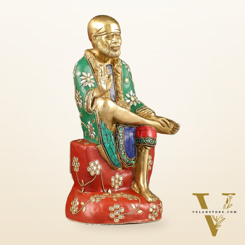 Superfine 10.5-Inch Brass Shirdi Sai Baba Idol with Stonework