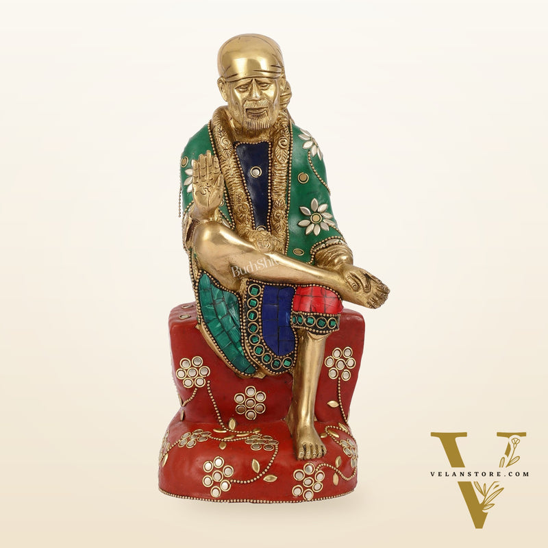 Superfine 10.5-Inch Brass Shirdi Sai Baba Idol with Stonework