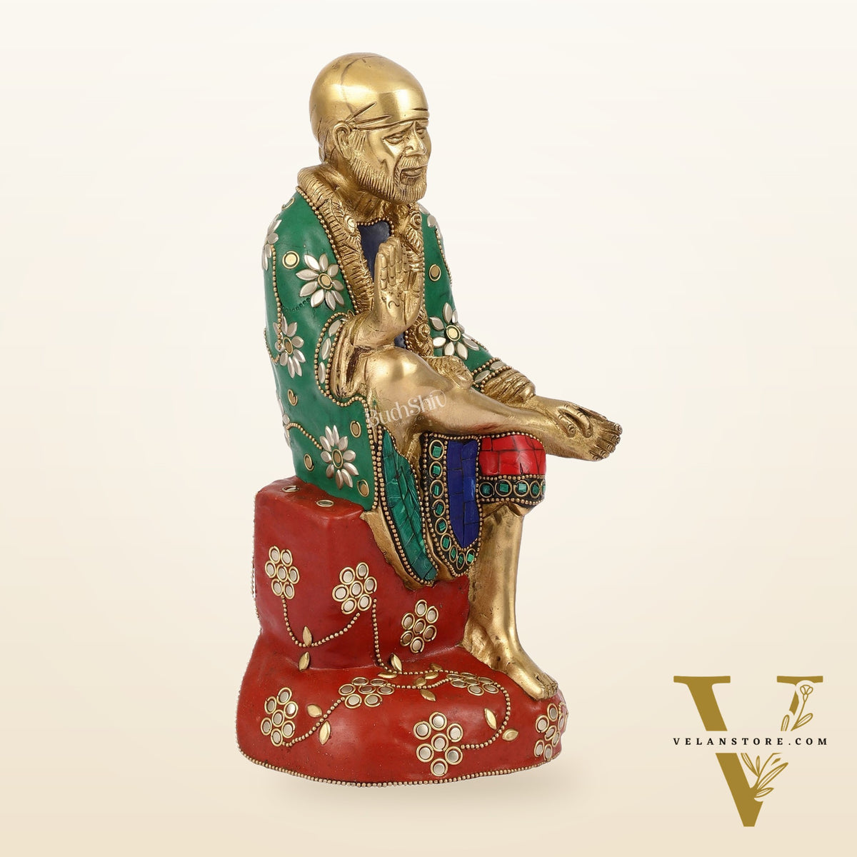 Superfine 10.5-Inch Brass Shirdi Sai Baba Idol with Stonework