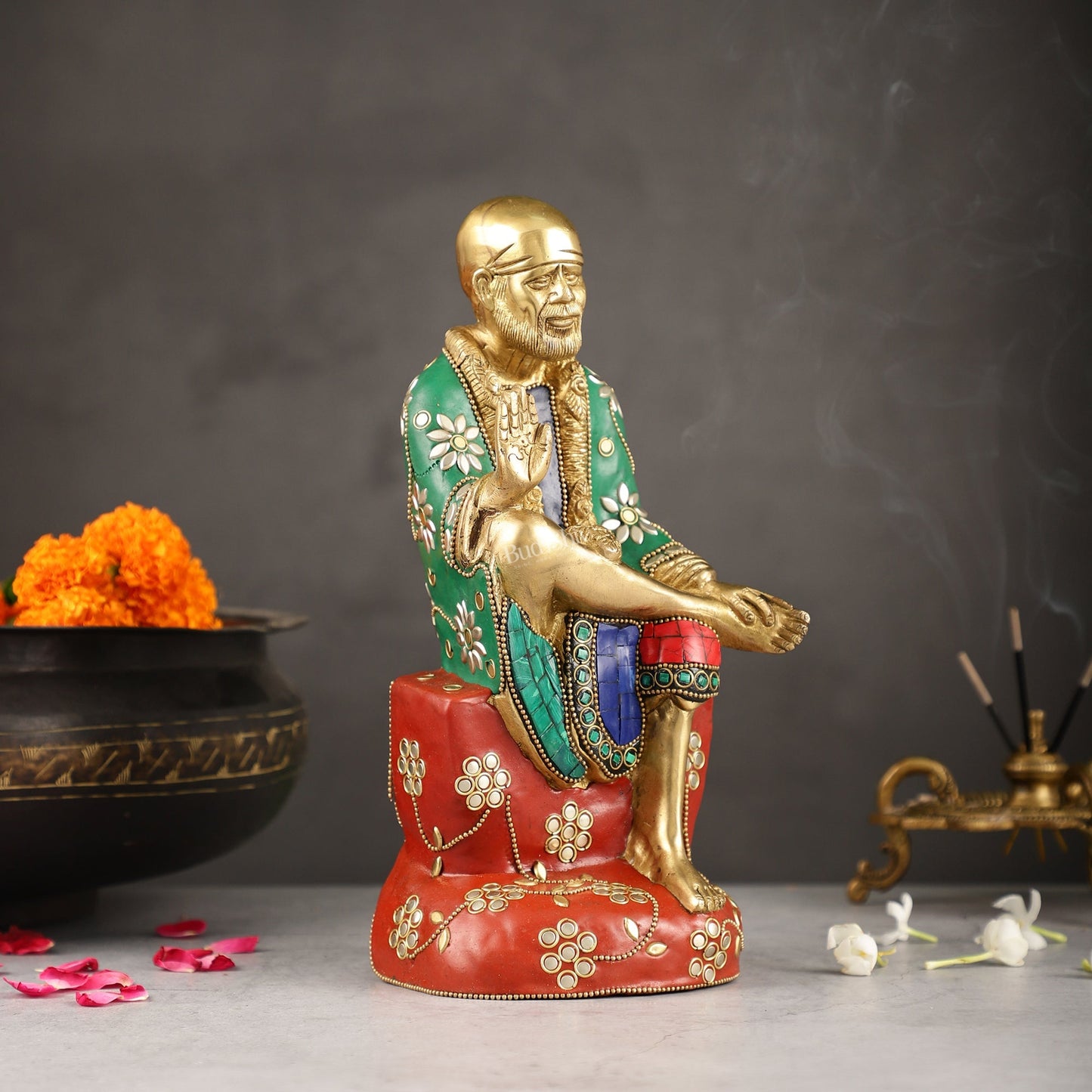 Superfine 10.5-Inch Brass Shirdi Sai Baba Idol with Stonework