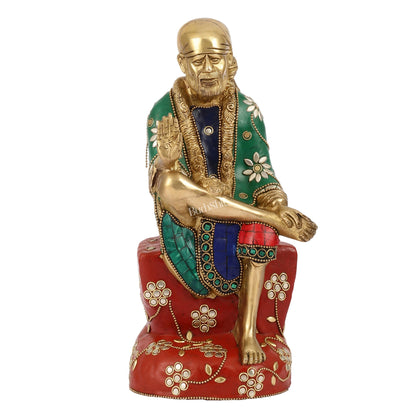 Superfine 10.5-Inch Brass Shirdi Sai Baba Idol with Stonework