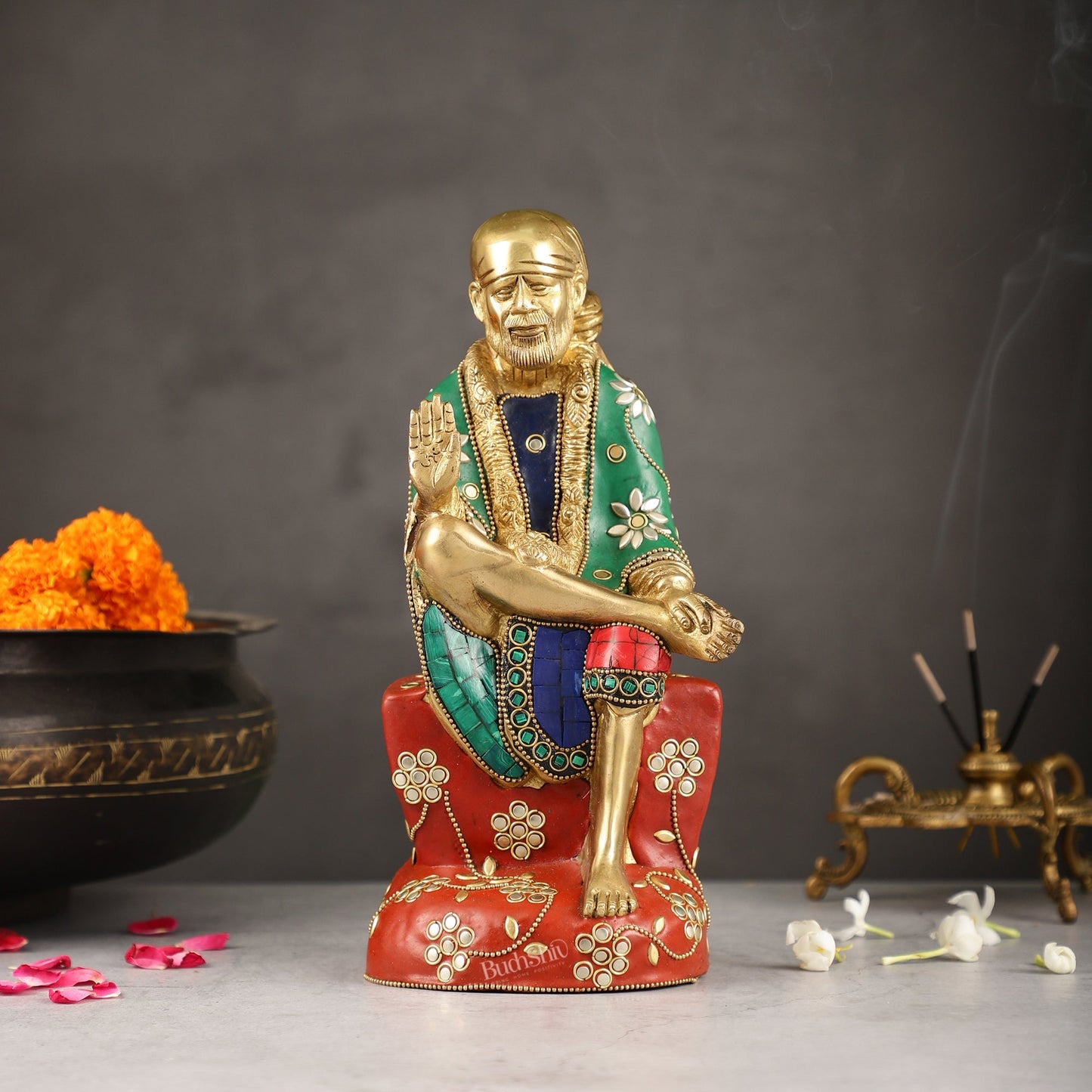 Superfine 10.5-Inch Brass Shirdi Sai Baba Idol with Stonework