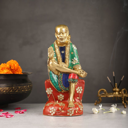 Superfine 10.5-Inch Brass Shirdi Sai Baba Idol with Stonework