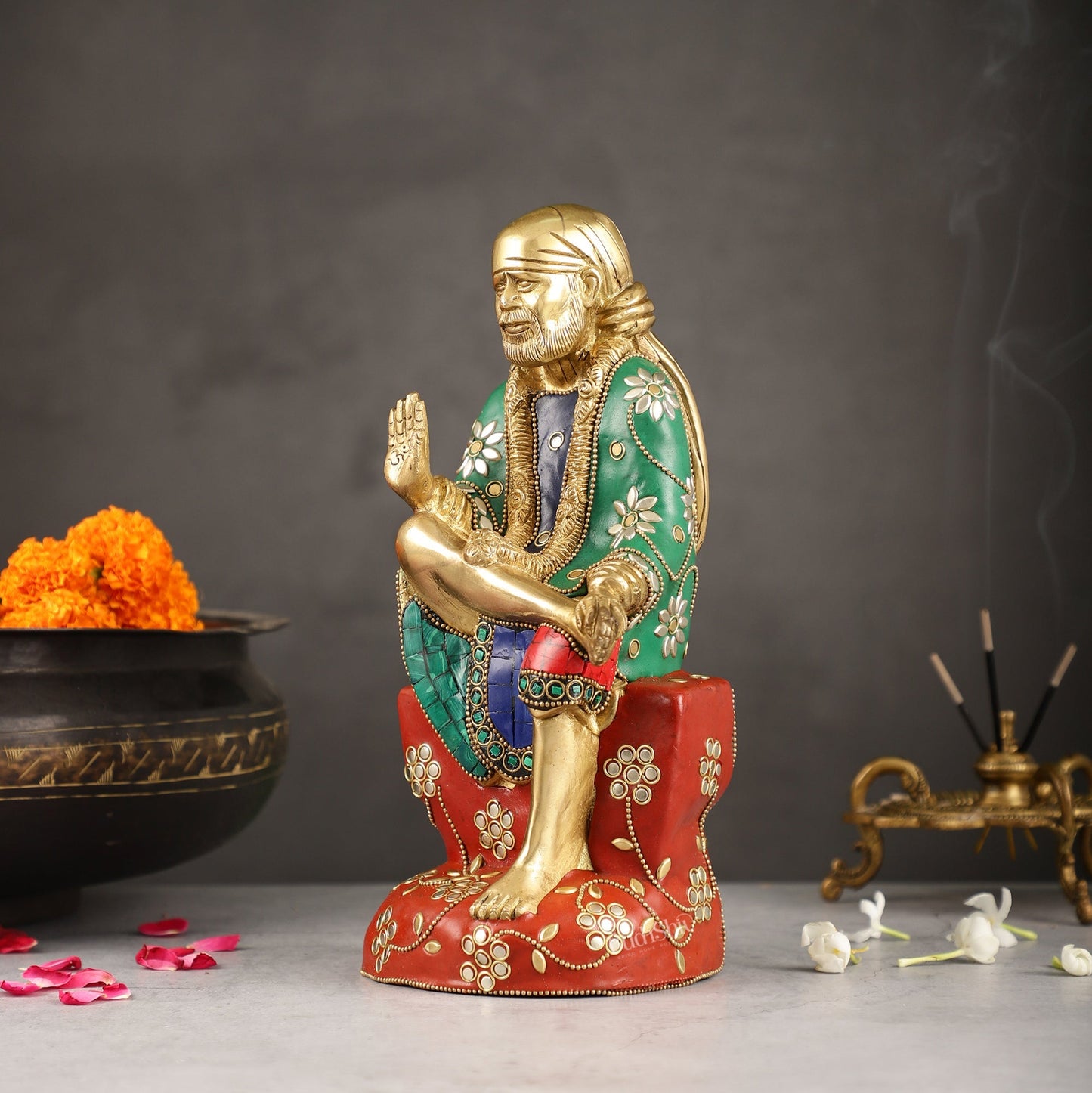 Superfine 10.5-Inch Brass Shirdi Sai Baba Idol with Stonework