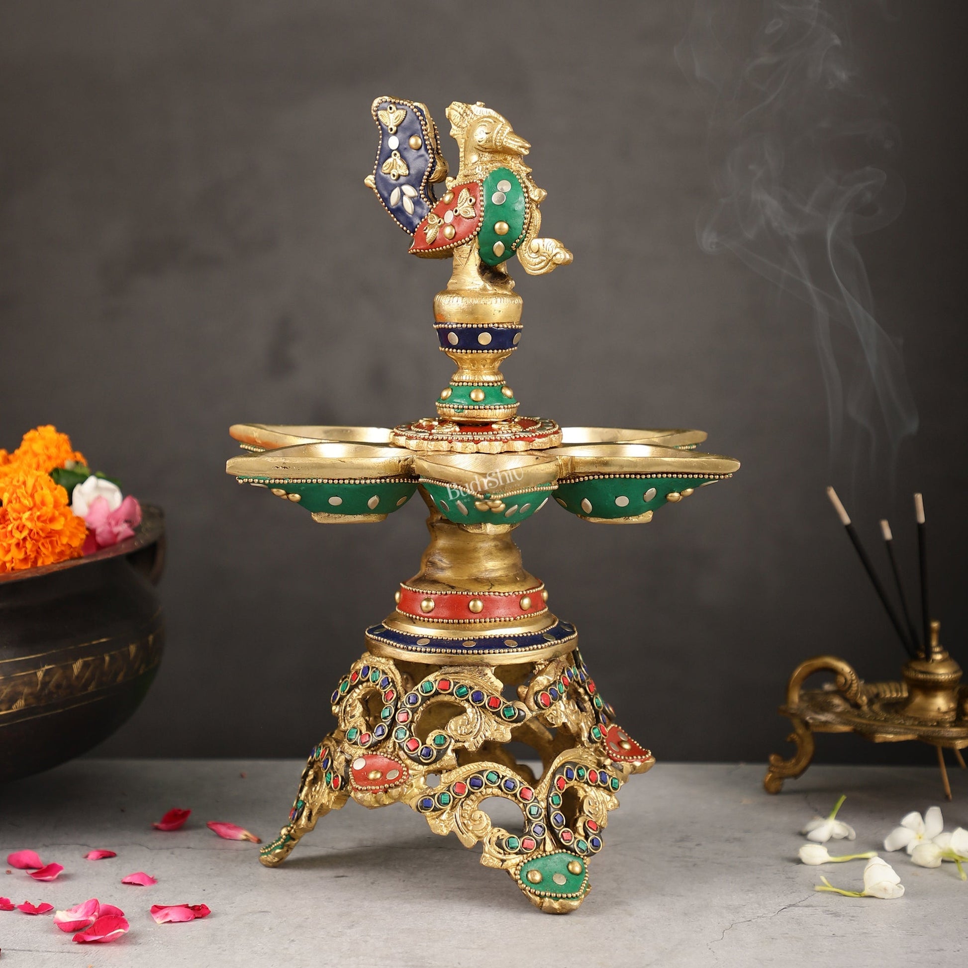 Superfine 12.5-Inch Brass Peacock Lamps with Stonework