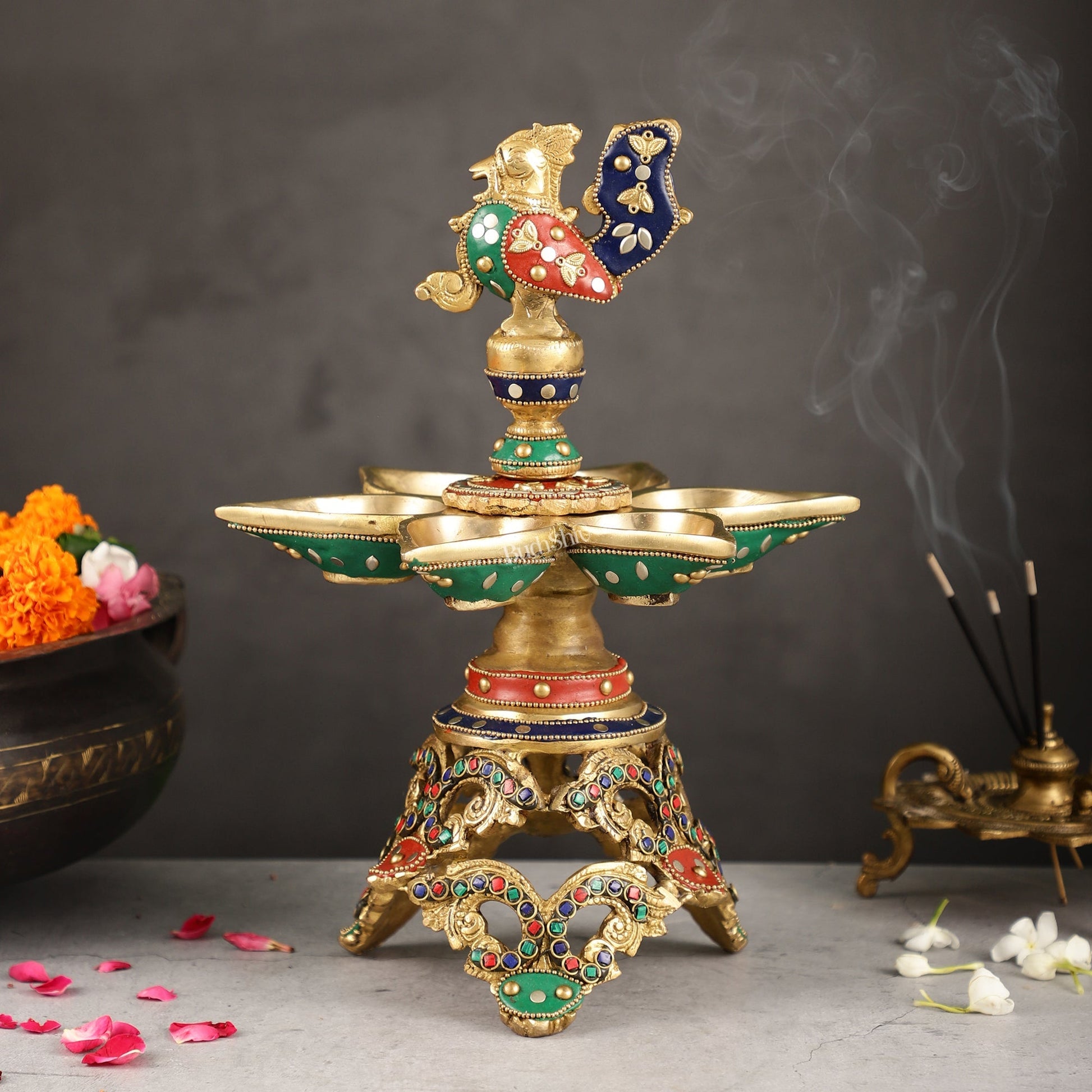 Superfine 12.5-Inch Brass Peacock Lamps with Stonework